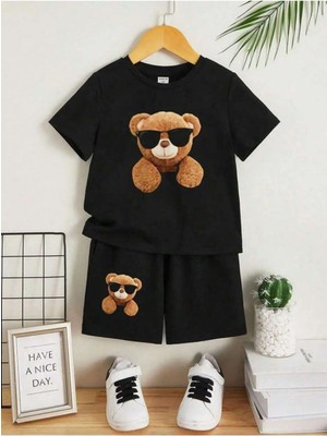 Calp Teksgözlüklü Ayı Baskılı Şort/t-Shirt Alt-Üst Yazlık Takım