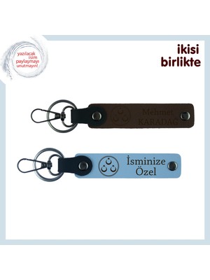 Abiye Doğum Gününde Anlamlı Hediye – Üç Ayyıldızlı 2’li Deri Anahtarlık Seti, Koyu Kahve-Gök Mavi