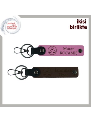 Sevgiline Özel Üç Ayyıldız Temalı Armağan – Isim Yazılabilir Deri Anahtarlık Seti, Pembe-Kahve