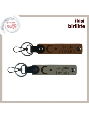 Çiftlere Anlamlı Hediye, Ay Yıldız Desenli Isim Soyisimli 2’li Anahtarlık Seti, Açık Kahve-Kül Gri