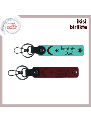 Aşkınızı Ay Yıldızla Ölümsüzleştirin – Isme Özel Deri Anahtarlık Hediye Takımı, Turkuaz-Bordo