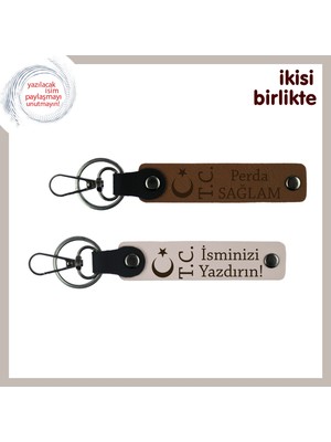 Miaju Öğretmene Kalıcı Hatıra, Ay Yıldız Tc Isme & Soyisme Özel 2’li Anahtarlık Hediye, Açık Kahve-Pudra