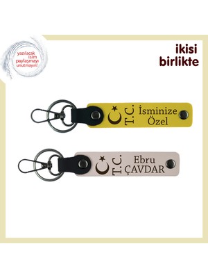 Vatan ve Aşk Bir Arada – Sevgiline Ay Yıldız Tc Desenli Kişisel Anahtarlık Seti, Sarı-Pudra