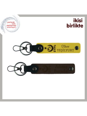 Vatan Temalı Aşk Hediyesi, Ayyıldız Kurt Göktürklü Anahtarlık Armağanı Isim Yazılı Set, Sarı-Kahve