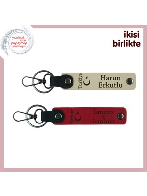 Miaju Sevgililik Hatırası Olacak Hediye – Ayyıldız ve Türkiye Deri Anahtarlık Seti, Sütlü Kahve-Kırmızı