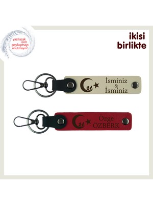Sevgililik Hatırası Olacak Hediye – Çocuk ve Ayyıldız Deri Anahtarlık Seti, Sütlü Kahve-Kırmızı
