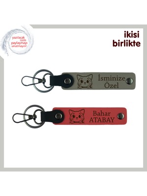 Kediyle Kurulan Ortak Hayata Romantik Dokunuş, Isim Yazılabilir Anahtarlık Seti, Kül Gri-Nar Çiçeği