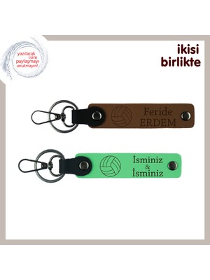 Miaju Voleybol Sevgisini Üzerinde Taşıyan Hediye, Kişiye Özel Deri Anahtarlık Seti, Açık Kahve-F Yeşil