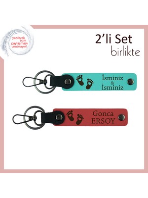 Kız Bebeğin Ismini Taşıyacak Deri Tasarım, Kalpli Ayak Figürlü 2’li Hediyelik Set, Turkuaz-Nar Çiçek