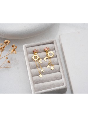 925 Ayar Papatya Silver Gökyüzü Küpesi<rose,gold,rodaj>güneş,ay,yıldız