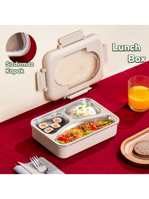 Porsima 3110 Paslanmaz Çelik 3 Bölmeli Vakumlu Yemek Termosu Beslenme Kutusu Taşınabilir Lunch Box Sefer Tası - Krem