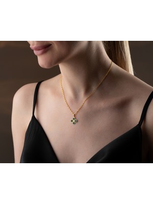 925 Ayar Papatya Silver Dört Yaprak Deniz Mavisi Pırlanta Kolye<rose,gold,rodaj>