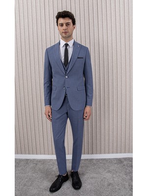 Erkek Likralı Slim Fit Sivri Yaka Yelekli Takım Elbise