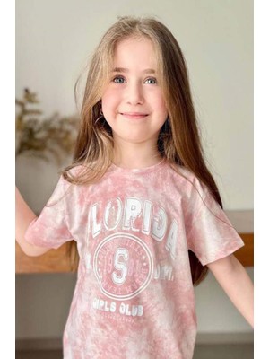 Kız Çocuk Florida Yazı Baskılı Penye T-Shirt Pudra Şortlu Takım