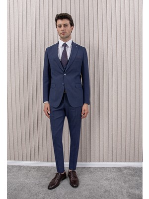 Erkek Likralı Slim Fit Sivri Yaka Yelekli Takım Elbise