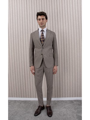 Erkek Likralı Slim Fit Sivri Yaka Yelekli Takım Elbise
