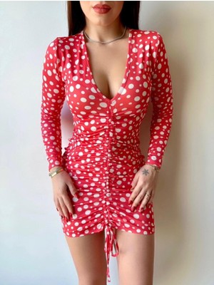 Kadın V Yaka Önü Asansör Büzgü Detay Fırsat Ürün Puantiyeli Mini Elbise