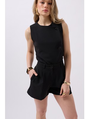 Pileli Yüksek Bel Siyah Şort