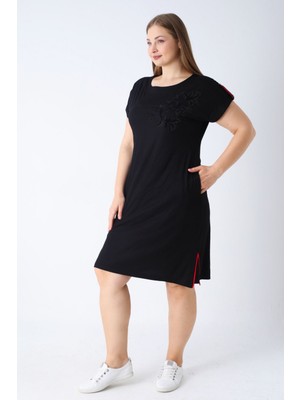 Intensive Collection Kadın Siyah Kısa Kollu Cepli Biye ve Nakış Detaylı Likralı Büyük Beden Elbise