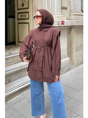 Lamelif Bel Bağlamalı Omuz Vatkalı Gömlek Acı Kahverengi Pamuk Polyester Düz Desenli Uzun Kol Kadın