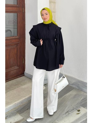 Bel Bağlamalı Omuz Vatkalı Gömlek Siyah