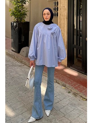 Çiçek Detaylı Nervür Bluz Bebe Mavisi