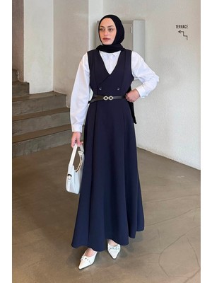 Düğme Detaylı Kolsuz Tesettür Elbise Lacivert