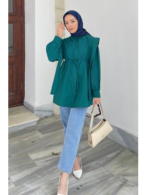 Lamelif Zümrüt Yeşili Bel Bağlamalı Gömlek Uzun Kol Pamuk Polyester Dokuma Düz Oversize