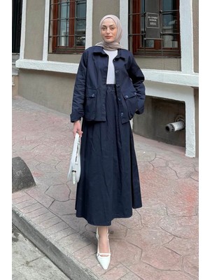 Cep Detaylı Ikili Etek Tesettür Takım Lacivert