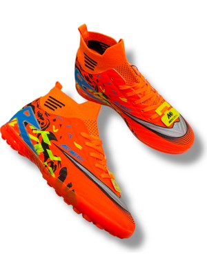 Çoraplı Halısaha Ayakkabı Neon Turuncu Desenli