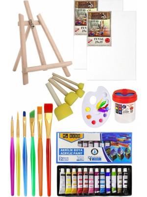 Mini Şövale 25X35 2 Li Tuval Mydido 12 Renk Akrilik Boya Başlangıç Seti Fırça Palet Ponpon Su Kabı Masaüstü Sanatsal