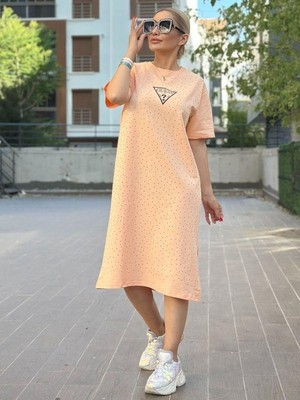 1037 Taşlı Baskılı Elbise Somon