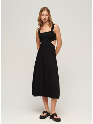 Superdry Kare Yaka Düz Siyah Midi Kadın Elbise W8011607A