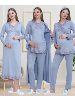Mecit 1519 Mavi Lohusa Sabahlık Gecelik Pijama Set