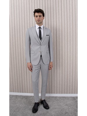Erkek Slim Fit Sivri Yaka Yelekli Takım Elbise