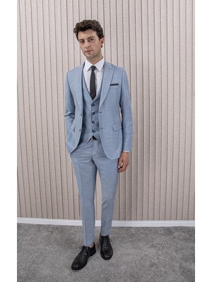 Erkek Slim Fit Sivri Yaka Yelekli Takım Elbise