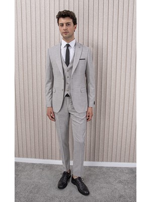 Erkek Likralı Slim Fit Sivri Yaka Yelekli Takım Elbise
