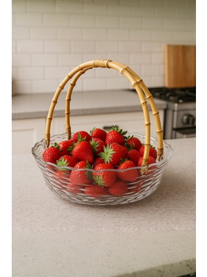 Bambu Kulplu Yuvarlak Cam Büyük Boy Sepet – Sunumluk – Meyvelik