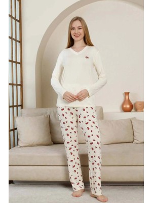 Mantar Desenli Kadın Pijama Takımı - Ekru V Yaka Likralı Viskon Uzun Kollu 2847UY