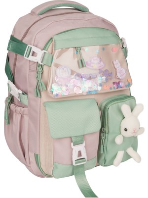 Kız Çocuk Kawaii Kore Tarzı Tavşan Figürlü Somon Ilkokul ve Ortaokul Sırt Çantası