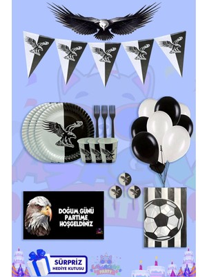 Taraftar Seti 8 Kişilik Siyah Beyaz Afişli ve Sürpriz Hediye Kutulu Doğum Günü Parti Seti