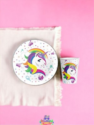 Ünicorn Tabak ve Bardak 8 Adet - Doğum Günü Parti Seti Malzemeleri