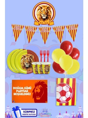 Taraftar Seti 16 Kişilik Sarı Kırmızı Afişli ve Sürpriz Hediye Kutulu Doğum Günü Parti Seti