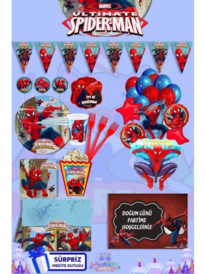 Spider-Man 16 Kişilik Sürpriz Hediye Kutulu ve Afiş'li Doğum Günü Parti Malzemeleri Seti
