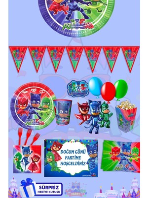 Pijamaskeliler 8 Kişilik Sürpriz Hediye Kutulu ve Afiş'li Doğum Günü Parti Malzemeleri Seti