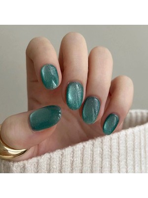 Tips Art Petrol Yeşili Kedi Gözü Oval Kısa 24’lü Takma Tırnak Seti ve Zararsız Yapıştırıcı