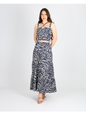 Zebra Desenli Bol Dökümlü Etek-Crop Ikili Şıktakım