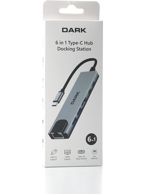 Dark DK-AC-U31X47 6'sı 1 Arada USB 3.2 Type-C To Ethernet / HDMI USB 3.0 - USB 2.0 / Usb-C 65W Macbook Port Çoklayıcı Hu
