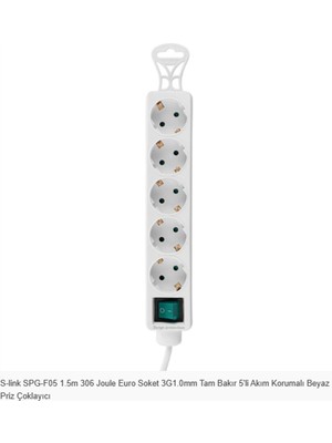 S-Link SPG-F05 1.5m 306 Joule Euro Soket 3g1.0mm Tam Bakır 5li Akım Korumalı Beyaz Priz Çoklayıcı