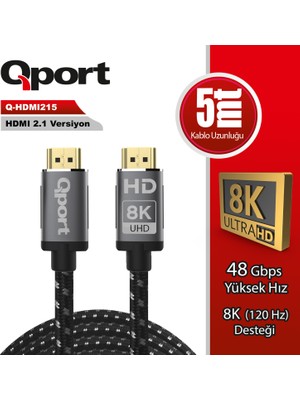 Qport 5m HDMI 2.1V 8k Altın Uçlu Örgülü Kablo (Q-HDMI215)